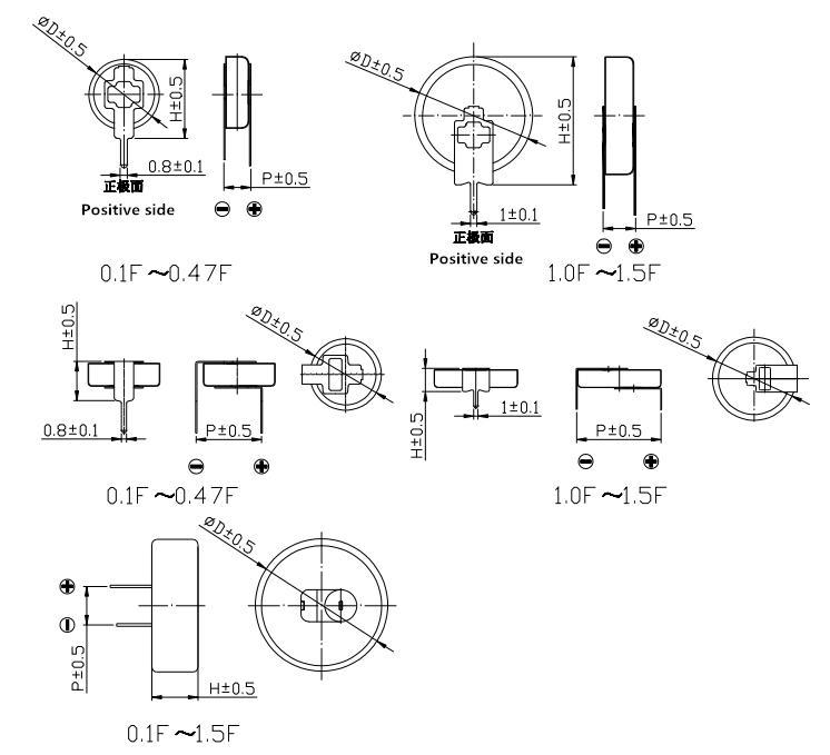 Specification and Drawing of  0.1F~1.5F 5.5V Super Capacitor